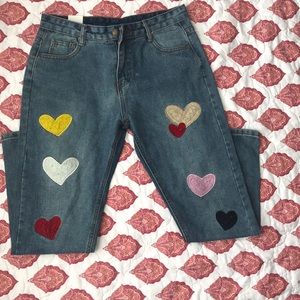 Zaful Open Button Embroidered Hearts Jeans